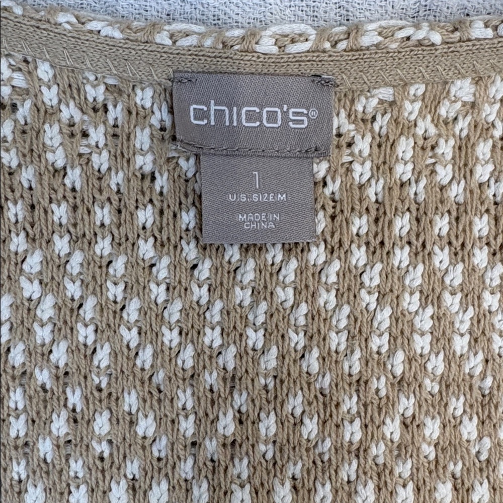 Chico’s Textured Cotton Knit Fringe Cardigan Sweater Beige & White 1/US8 - Picture 9 of 11